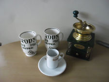 HARRODS Green Coffee Mill/Grinder Used & 2 Coffee Mugs & Espresso Cup & Saucer
