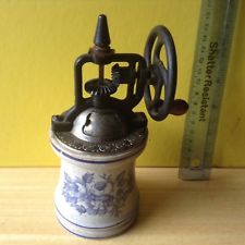 antique ceramic hand operated coffee grinder, approx 16cm tall 8cm diameter