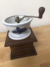 Vintage Blue And White Porcelain Coffee Grinder on Wooden Base GWO