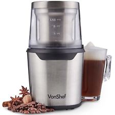 VonShef 200W 2 in 1 Coffee Grinder  Stainless Steel  For Beans, Spices & Nuts