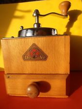 Vintage beechwood "de ve" manual coffee bean grinder with drawer